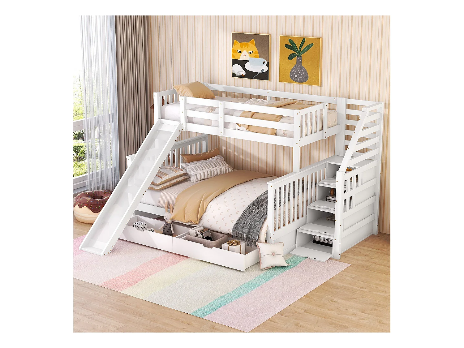 Lit superposé avec tiroirs - 90 x 200 cm + 140 x 200 cm - échelle, toboggan et sommier à lattes - Coloris blanc