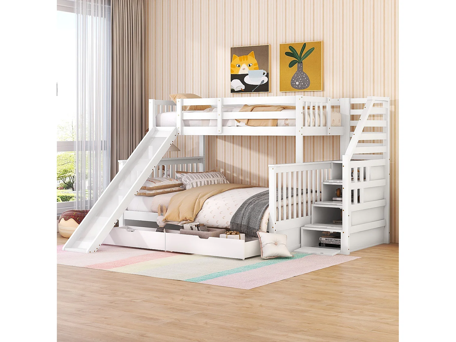 Beliche com gavetas - 90 x 200 cm + 140 x 200 cm - escada, escorregador e base de ripas - Branco