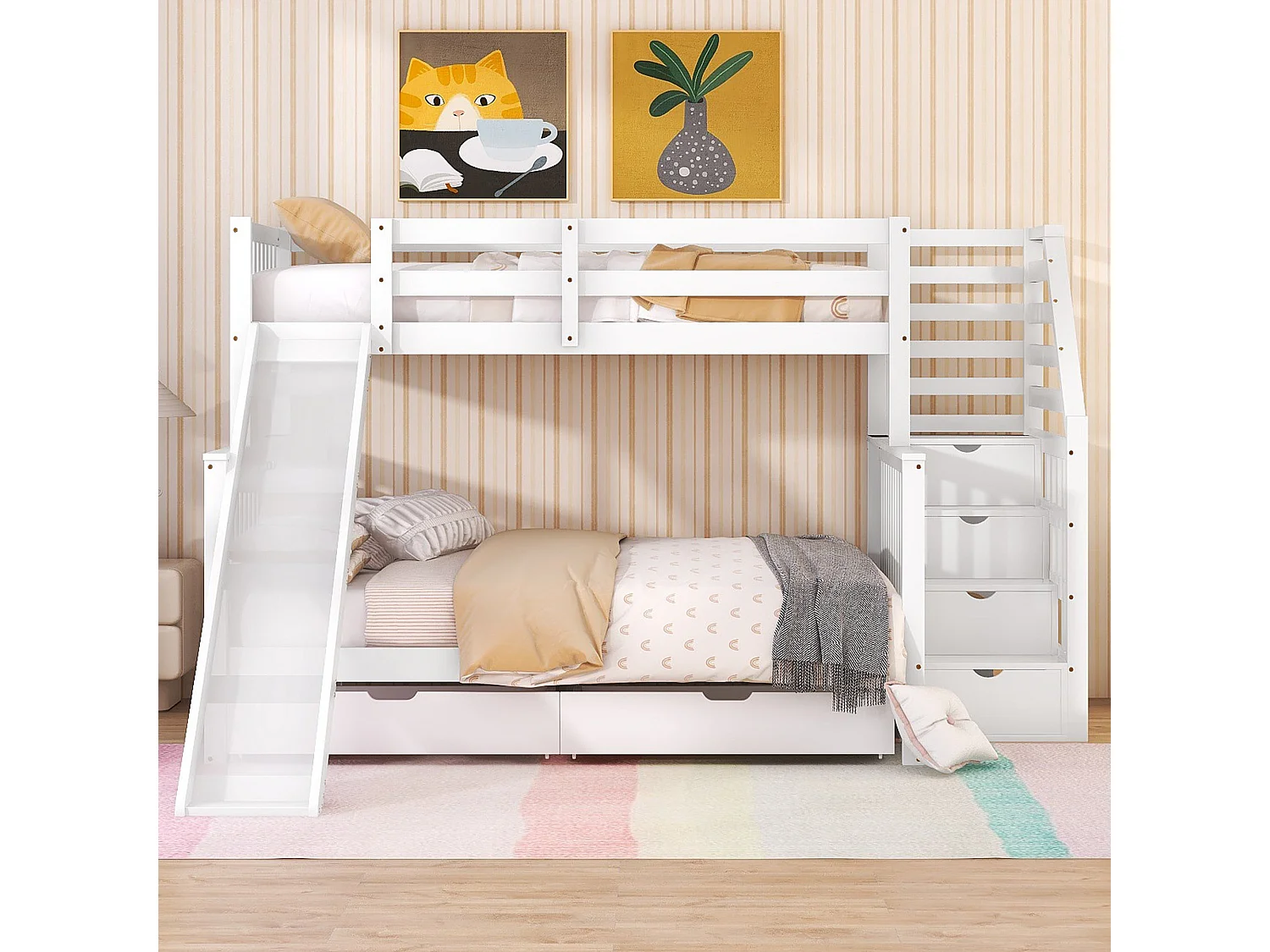 Beliche com gavetas - 90 x 200 cm + 140 x 200 cm - escada, escorregador e base de ripas - Branco