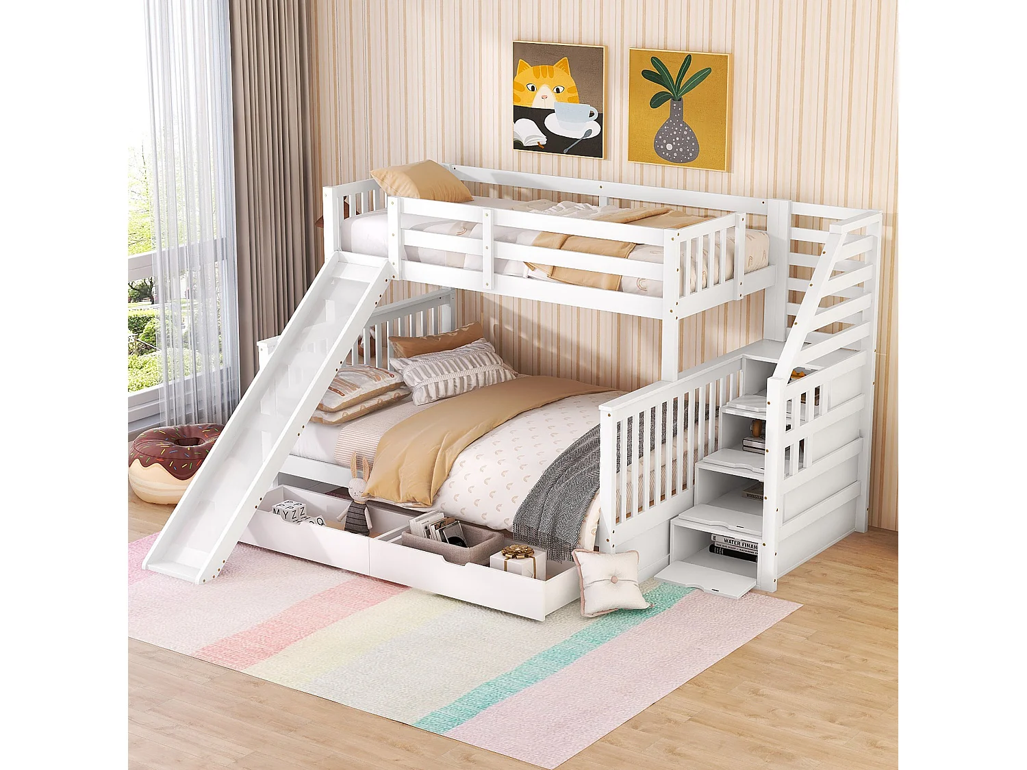 Beliche com gavetas - 90 x 200 cm + 140 x 200 cm - escada, escorregador e base de ripas - Branco