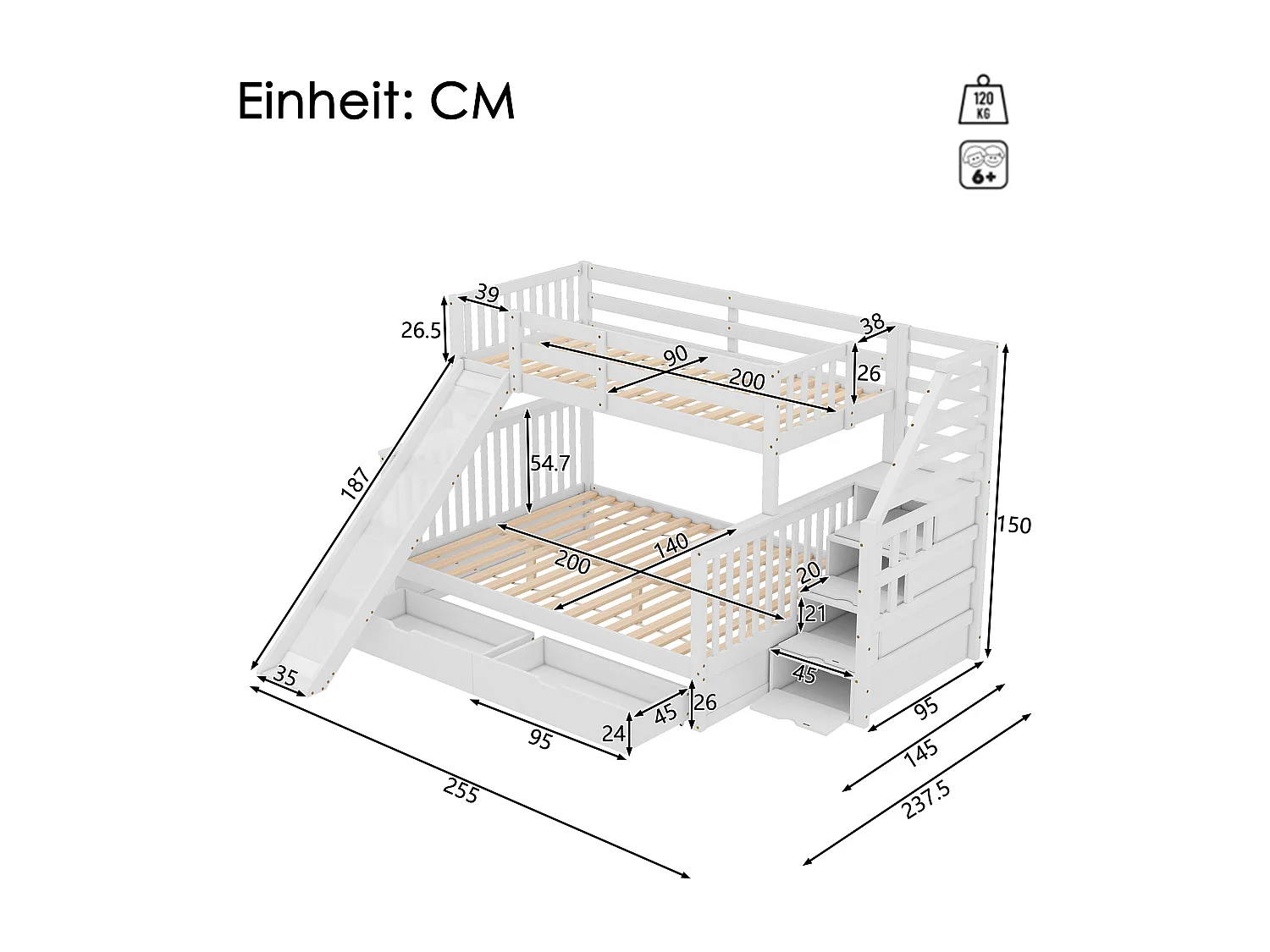 Beliche com gavetas - 90 x 200 cm + 140 x 200 cm - escada, escorregador e base de ripas - Branco