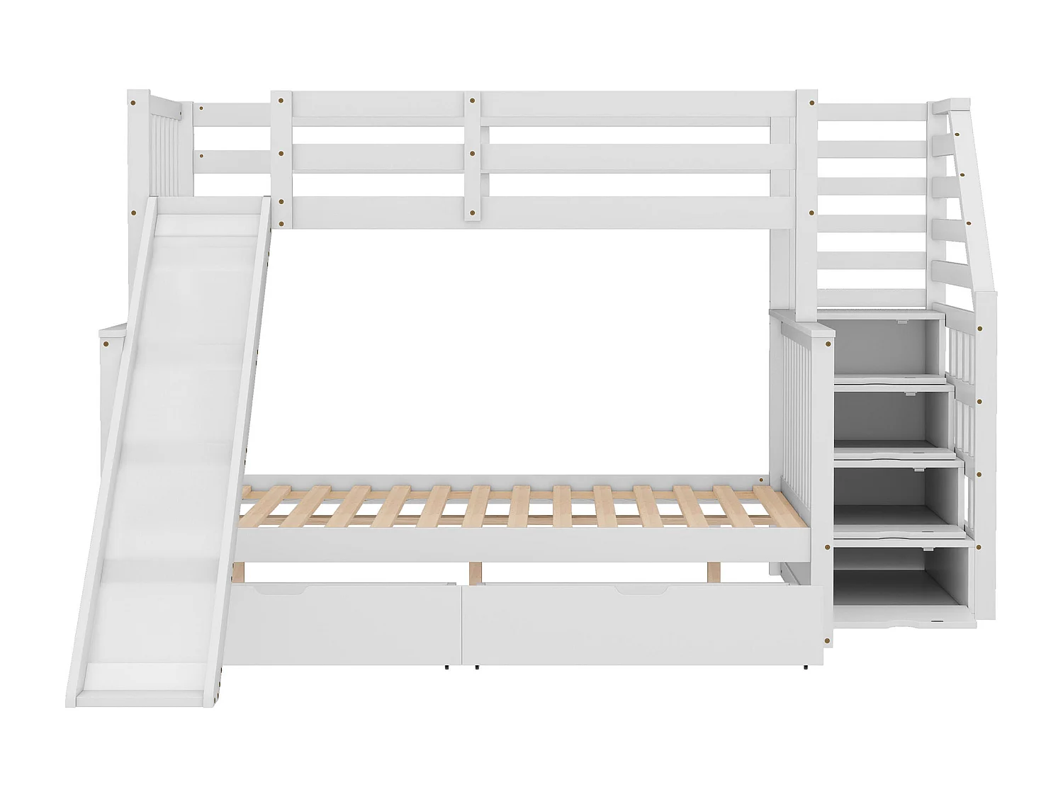 Beliche com gavetas - 90 x 200 cm + 140 x 200 cm - escada, escorregador e base de ripas - Branco