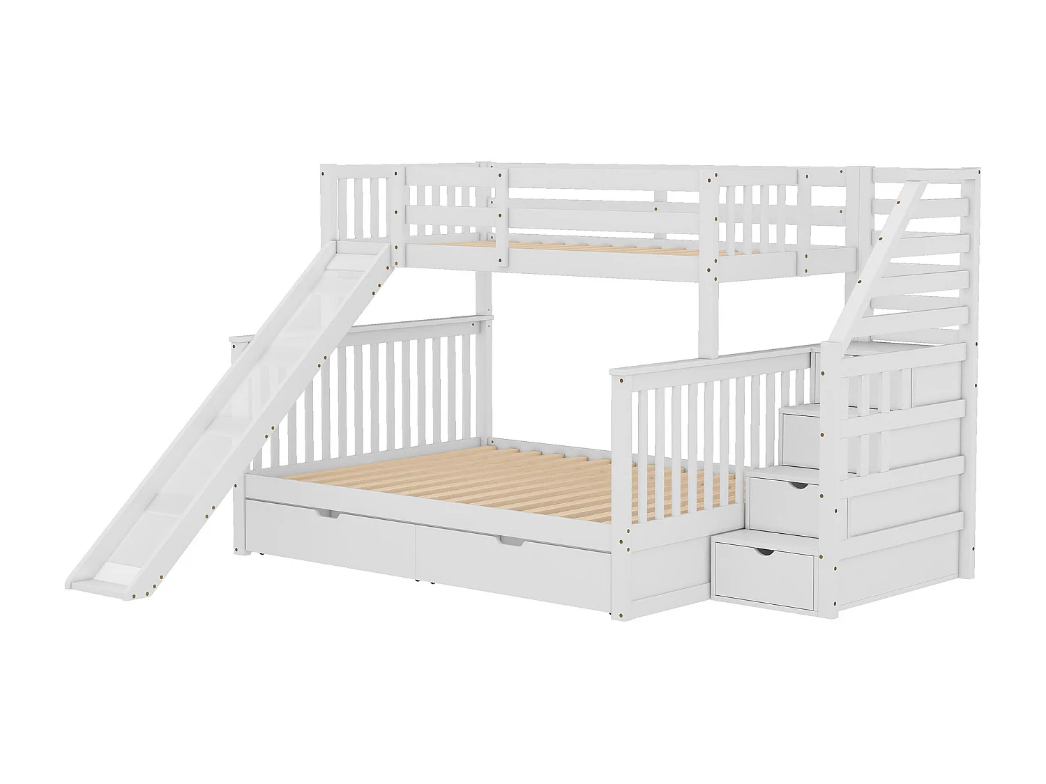 Beliche com gavetas - 90 x 200 cm + 140 x 200 cm - escada, escorregador e base de ripas - Branco