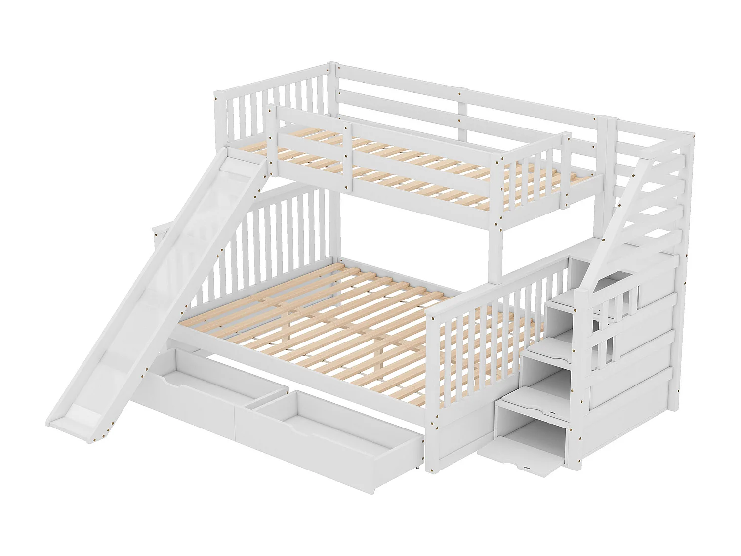 Beliche com gavetas - 90 x 200 cm + 140 x 200 cm - escada, escorregador e base de ripas - Branco