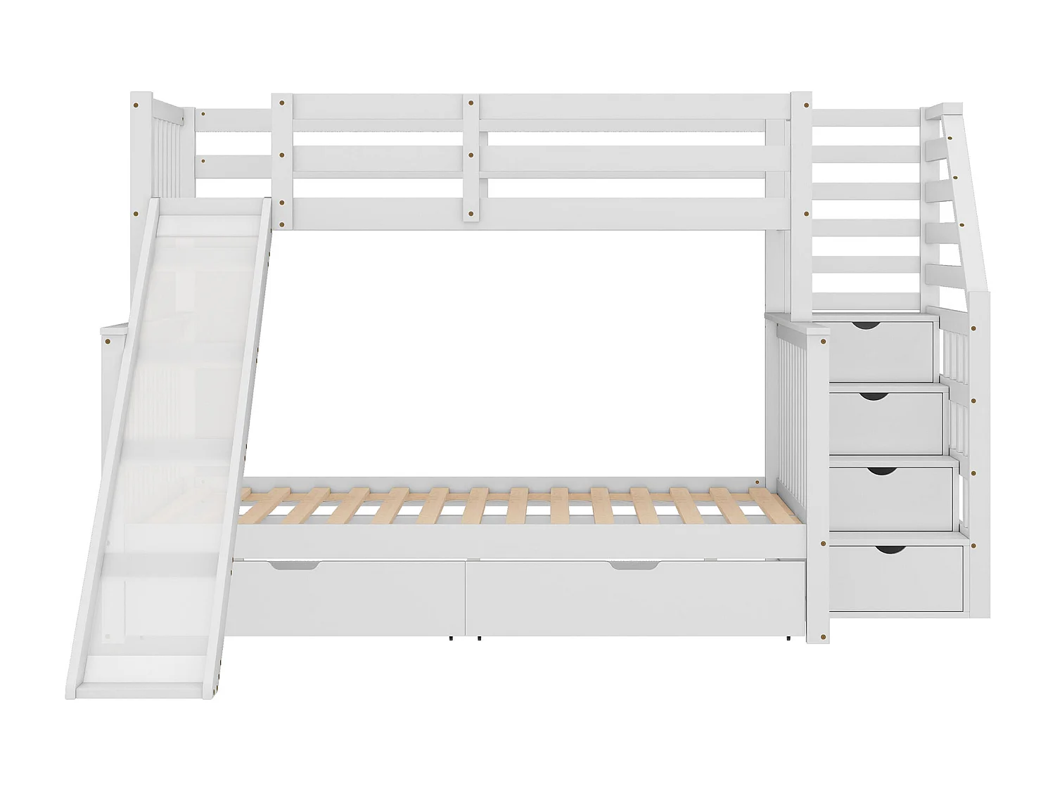 Beliche com gavetas - 90 x 200 cm + 140 x 200 cm - escada, escorregador e base de ripas - Branco