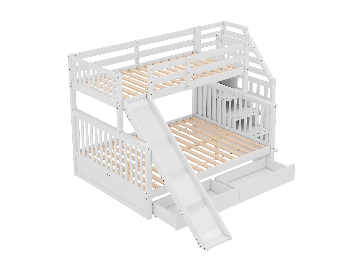 Beliche com gavetas - 90 x 200 cm + 140 x 200 cm - escada, escorregador e base de ripas - Branco