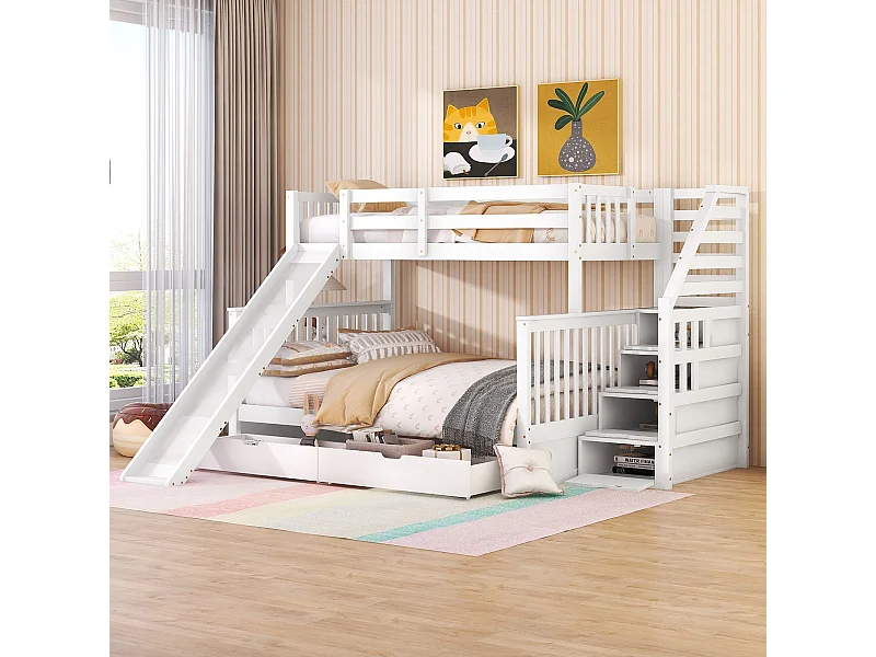 Beliche com gavetas - 90 x 200 cm + 140 x 200 cm - escada, escorregador e base de ripas - Branco