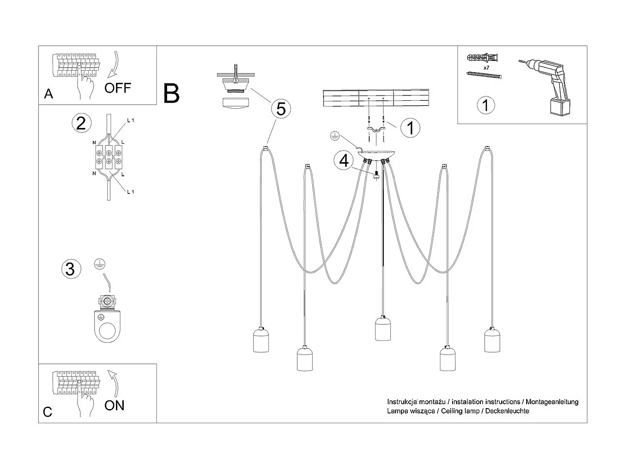 Lustres Neso Minimaliste En Pvc/Béton - 5 Sources Lumineuses - L.100 X H.190 Cm - Gris Noir