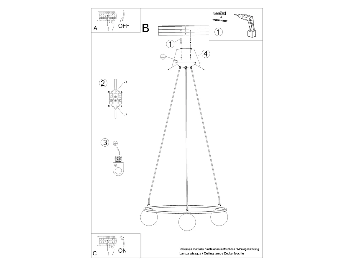 Candelabro YOLI moderno de acero/vidrio - 3 fuentes luminosas - L.65 x A.98 cm - negro