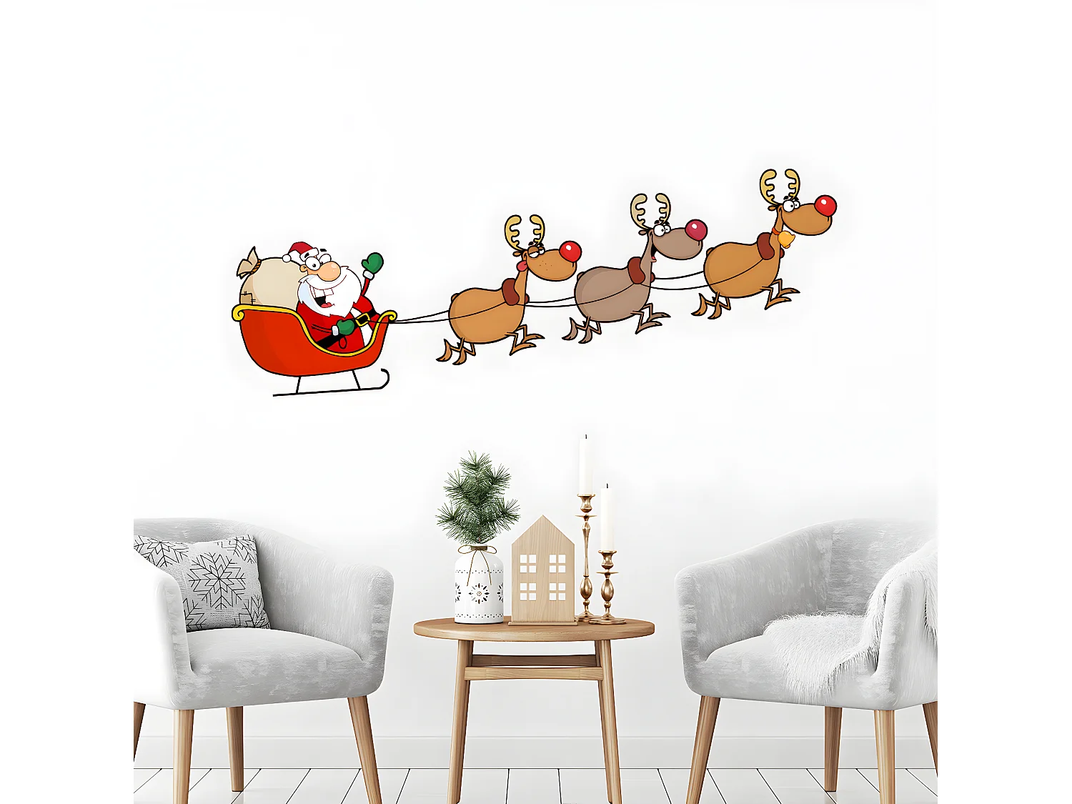 Sticker Noël Père Noël joyeux et ses rennes - Autocollants stickers adhésifs noël - décoration fêtes - 30x80cm