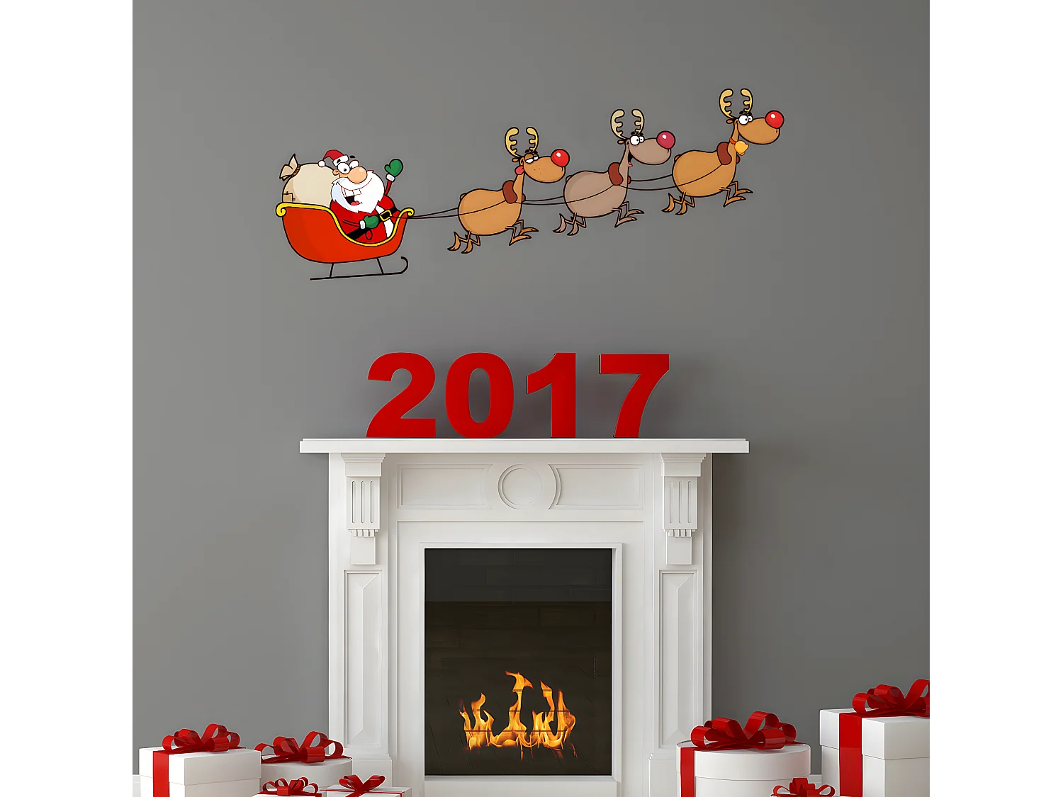Sticker Noël Père Noël joyeux et ses rennes - Autocollants stickers adhésifs noël - décoration fêtes - 30x80cm