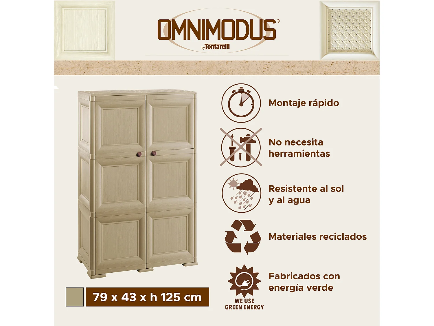 Coffre de rangement polyvalent avec 6 compartiments et 6 portes taupe 279x43x125