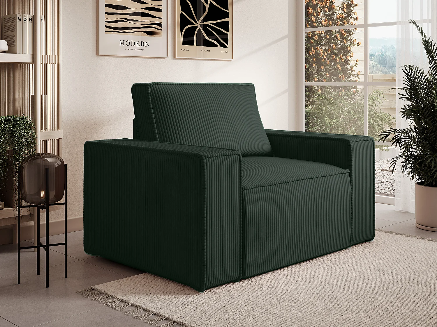 Fauteuil en velours côtelé vert sapin AMELIA