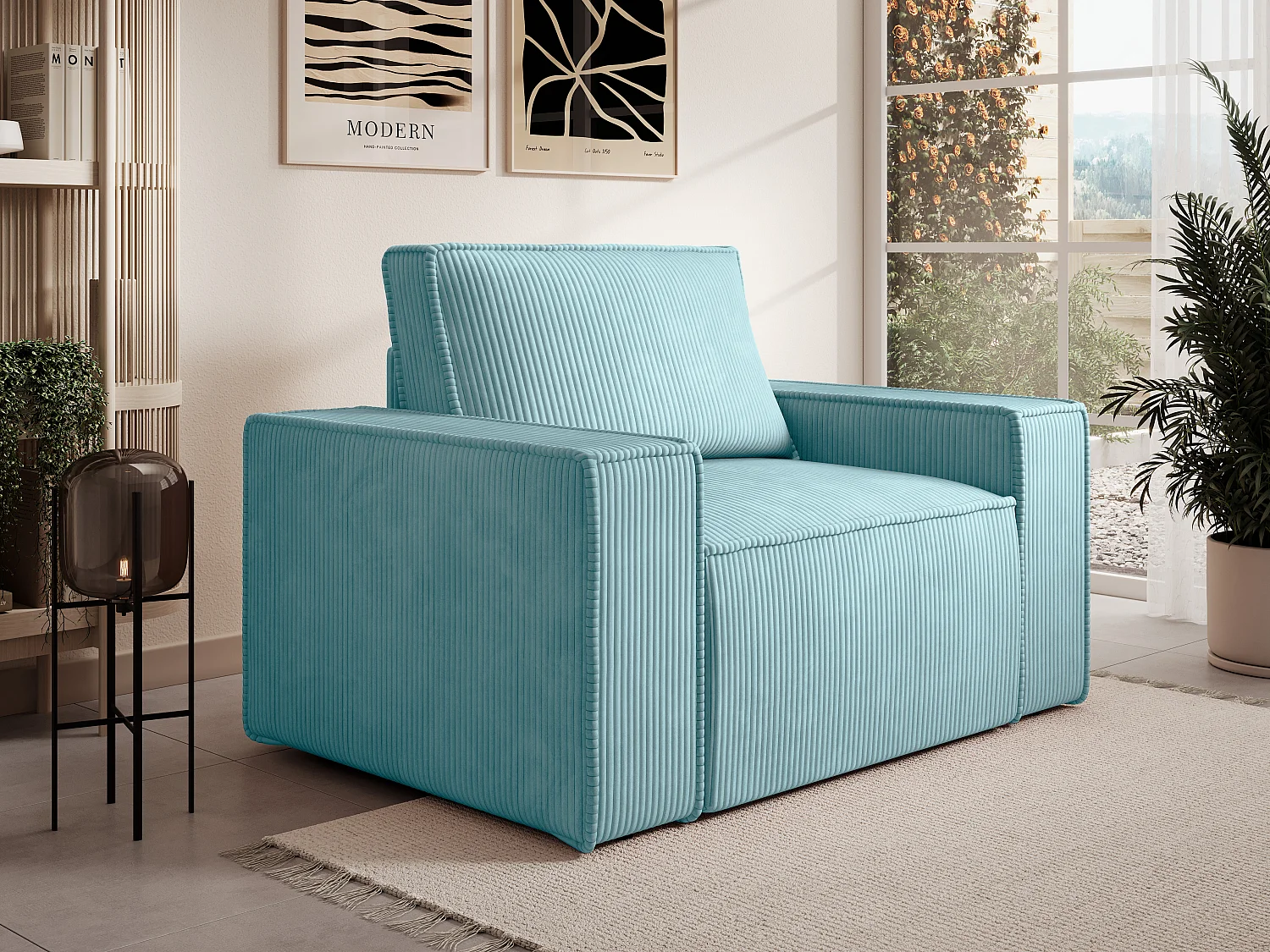 Fauteuil en velours côtelé bleu turquoise AMELIA