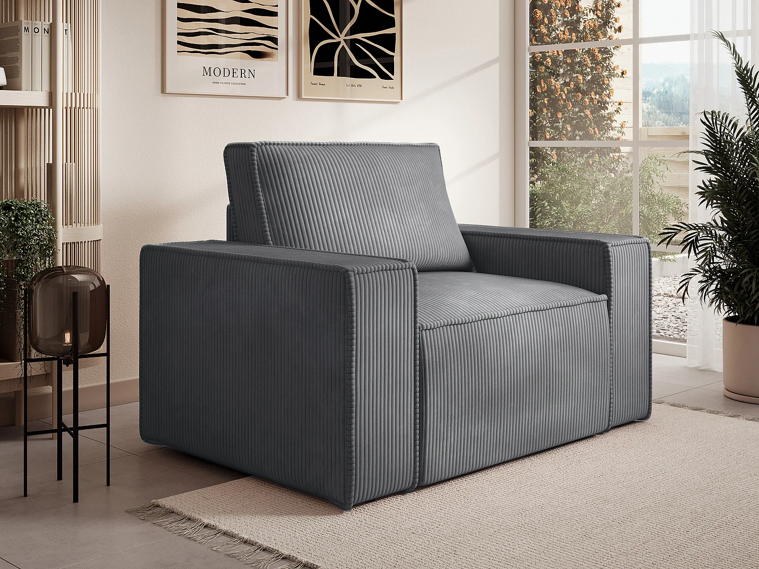 Fauteuil en velours côtelé gris anthracite AMELIA