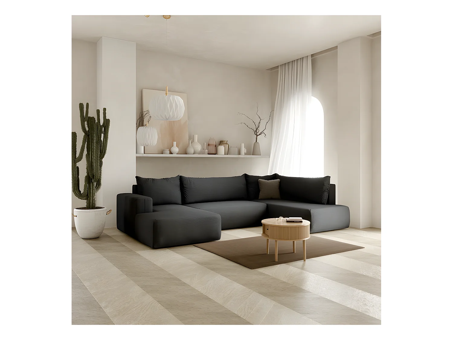 Canapé d'angle panoramique convertible LETTO en U angle droit noir