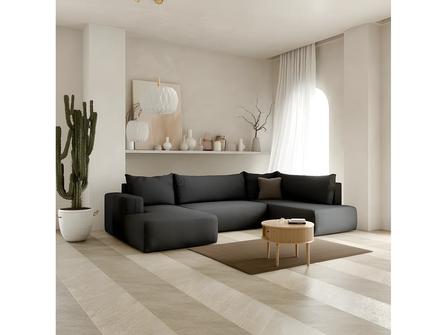 Canapé d'angle panoramique convertible LETTO en U angle droit noir