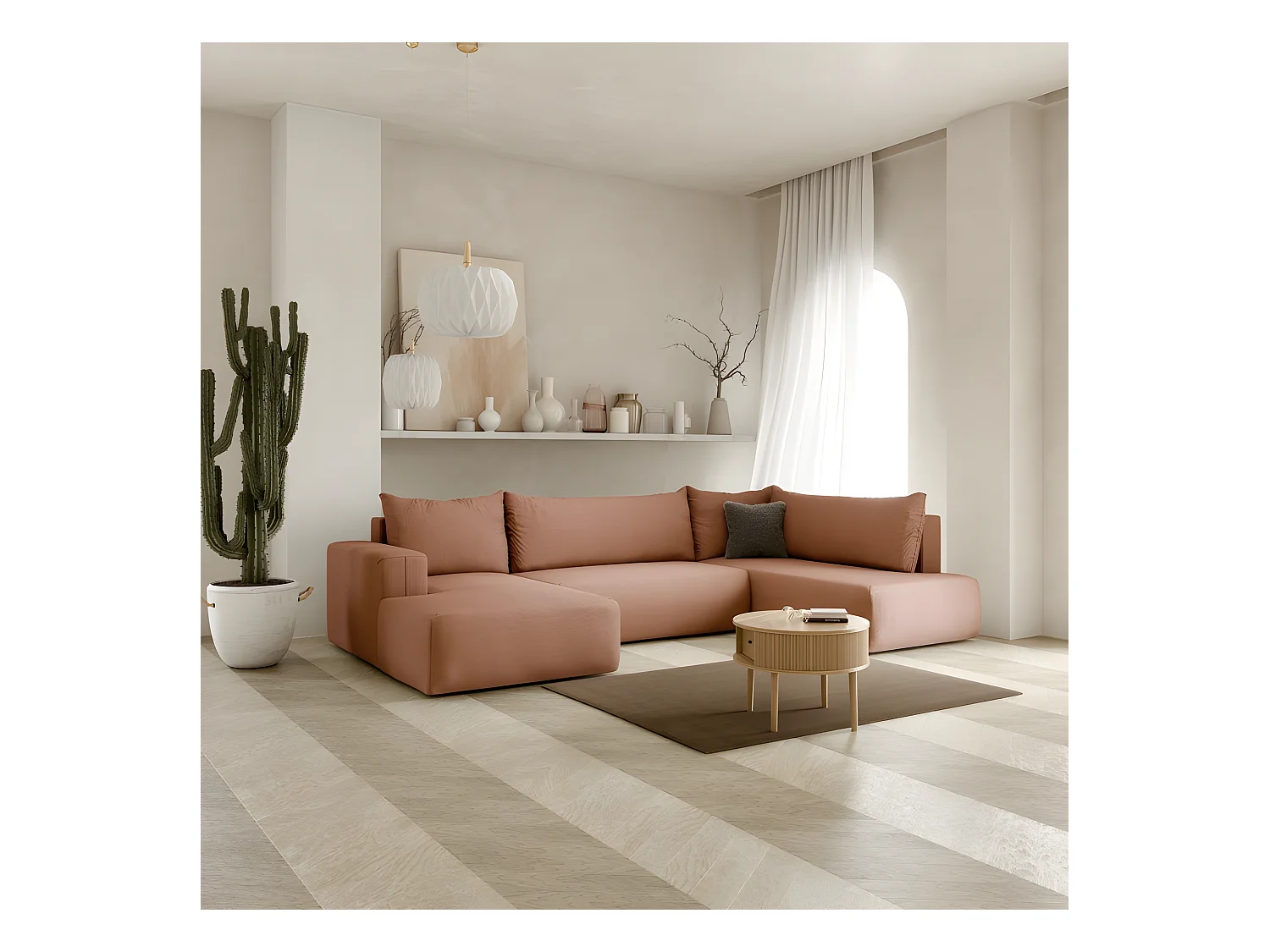 Canapé d'angle panoramique convertible LETTO en U angle droit terracotta