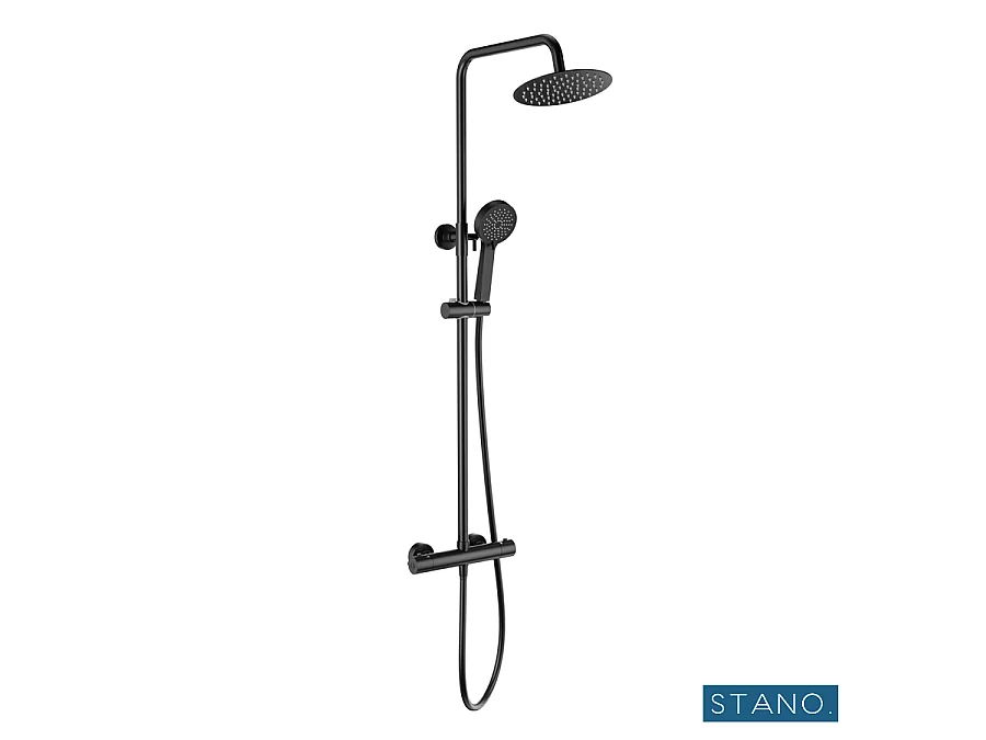 Kit Piatto doccia ultrasottile 70 x 90 cm bianco PIATTO + Colonna doccia termostatica Finitura nera opaca