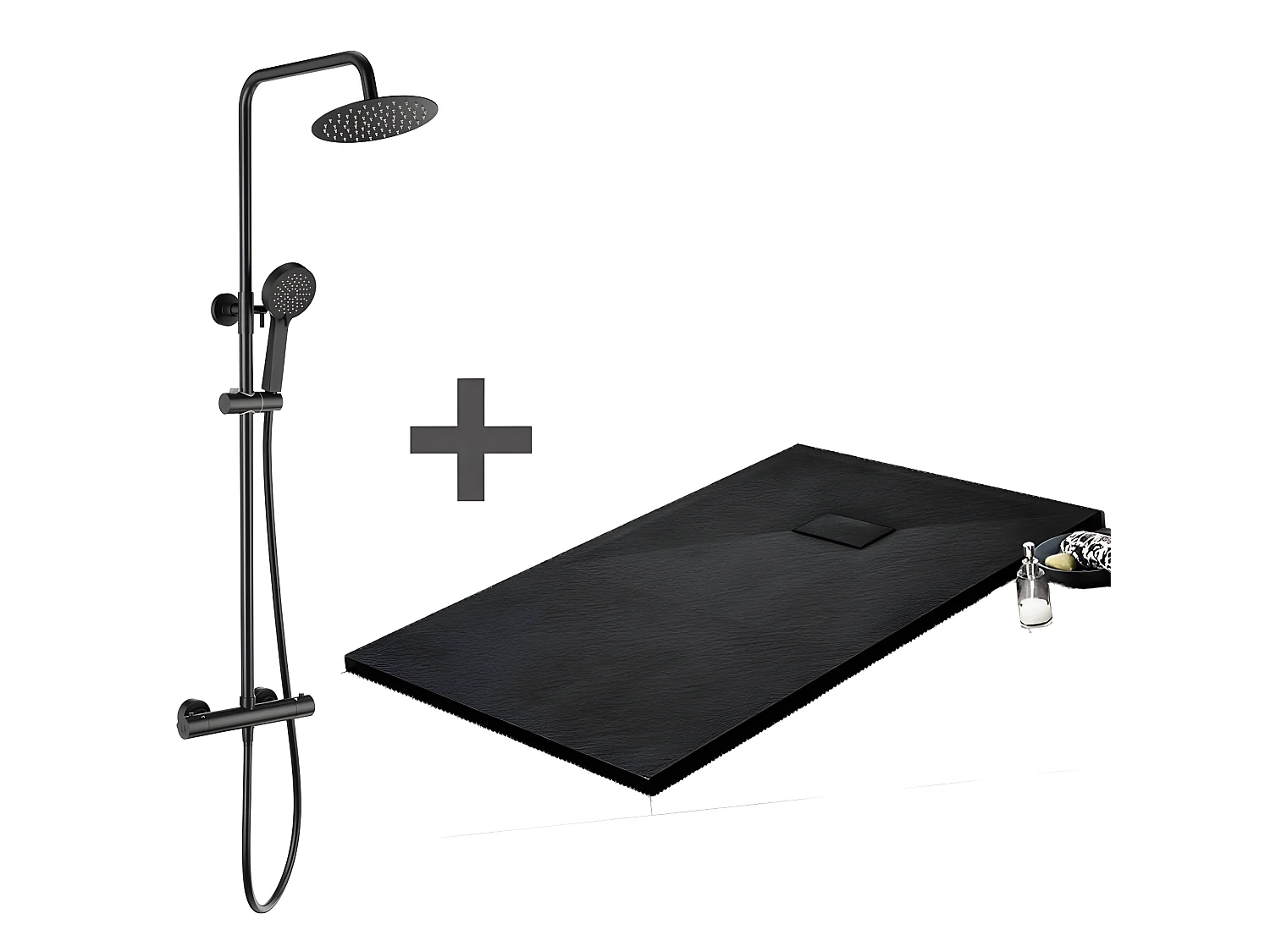 Kit Piatto doccia ultrasottile 80 x 150 cm PIATTO Nero + Colonna doccia termostatica Finitura nera opaca