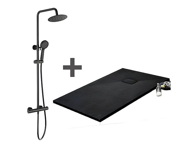 Kit Piatto doccia ultrasottile 80 x 150 cm PIATTO Nero + Colonna doccia termostatica Finitura nera opaca