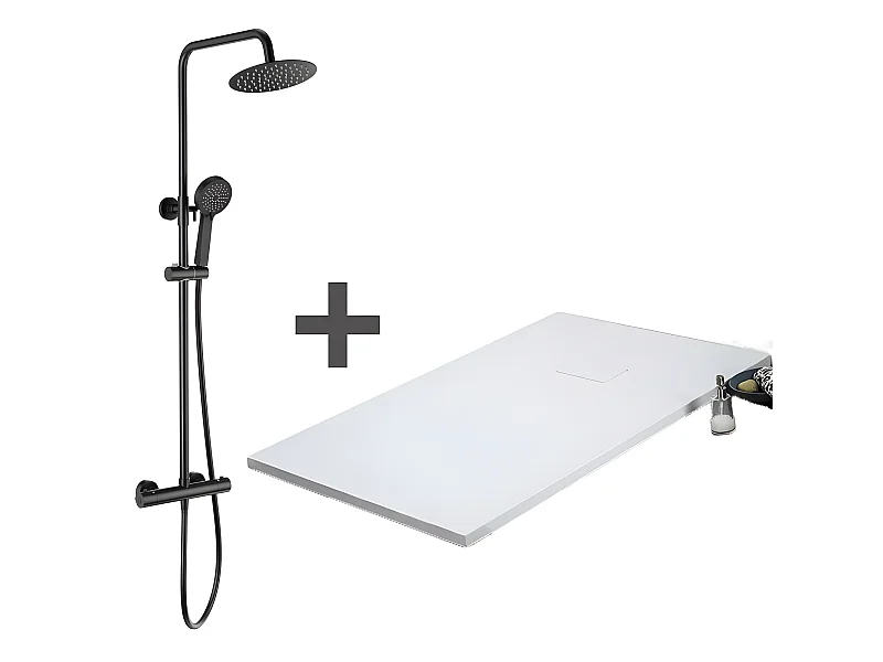 Kit Piatto doccia ultrasottile 80 x 150 cm PIATTO Bianco + Colonna doccia termostatica Finitura nera opaca