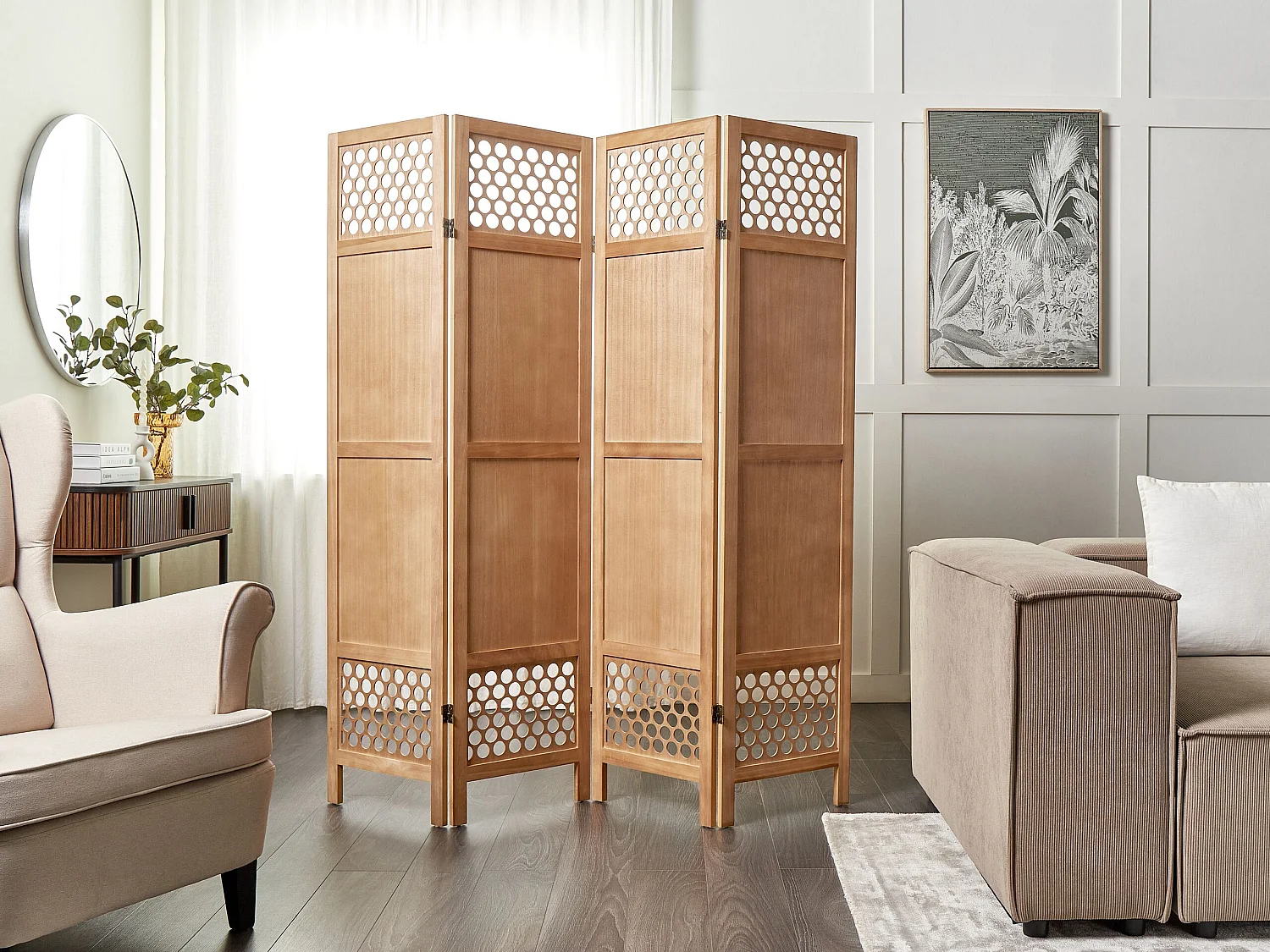 Traditionelle dekorative Raumteiler Leinwand 4 Paneele Klappbare Paulownia Holz MDF Modernes Wohnzimmer Schlafzimmer Helles Holz Certosa