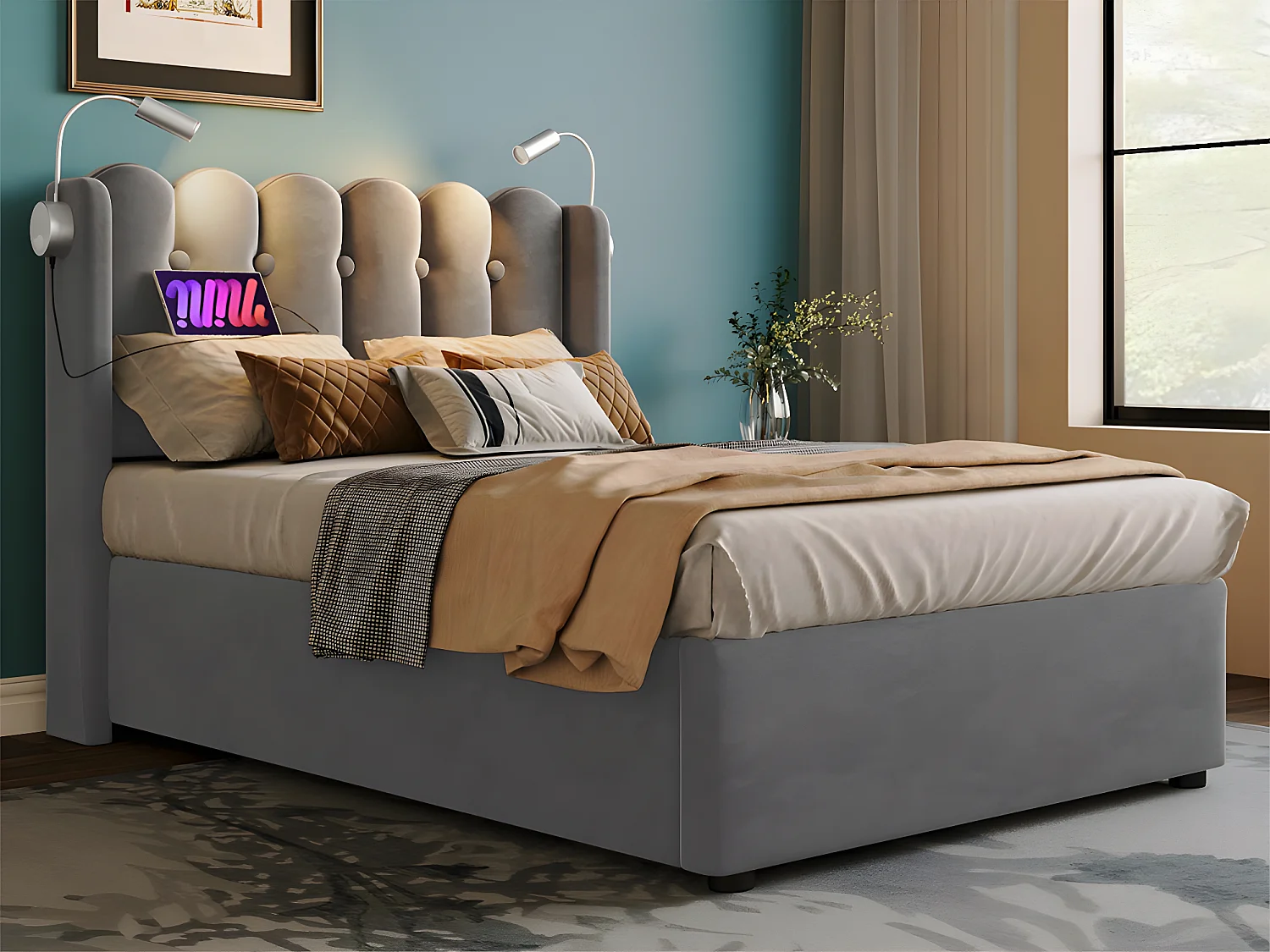 Bed met opbergruimte 90x200cm met LED en USB oplaadpoorten - Stof fluweel - met lattenbodem - Grijs