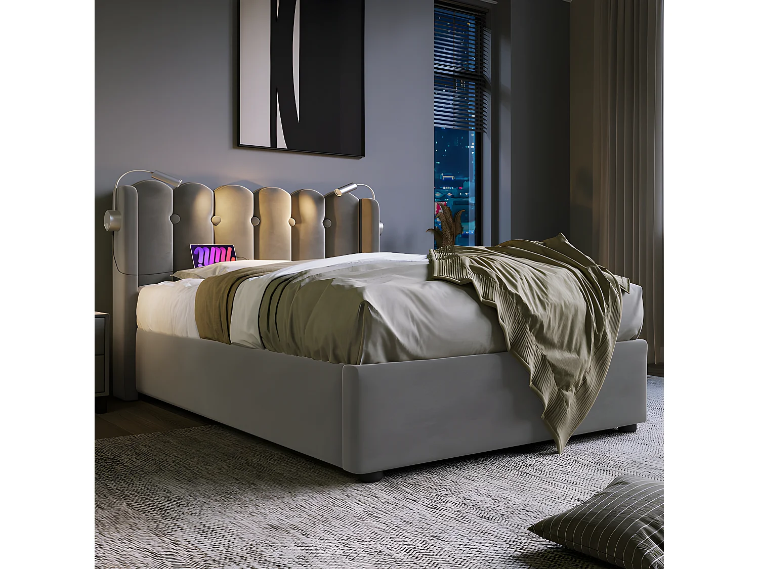 Bed met opbergruimte 90x200cm met LED en USB oplaadpoorten - Stof fluweel - met lattenbodem - Grijs