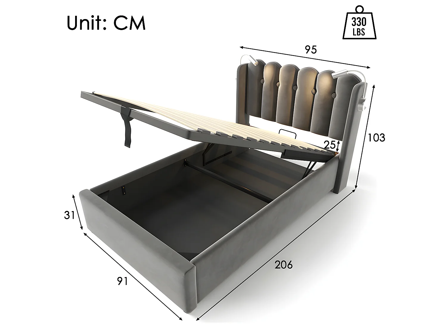 Bed met opbergruimte 90x200cm met LED en USB oplaadpoorten - Stof fluweel - met lattenbodem - Grijs