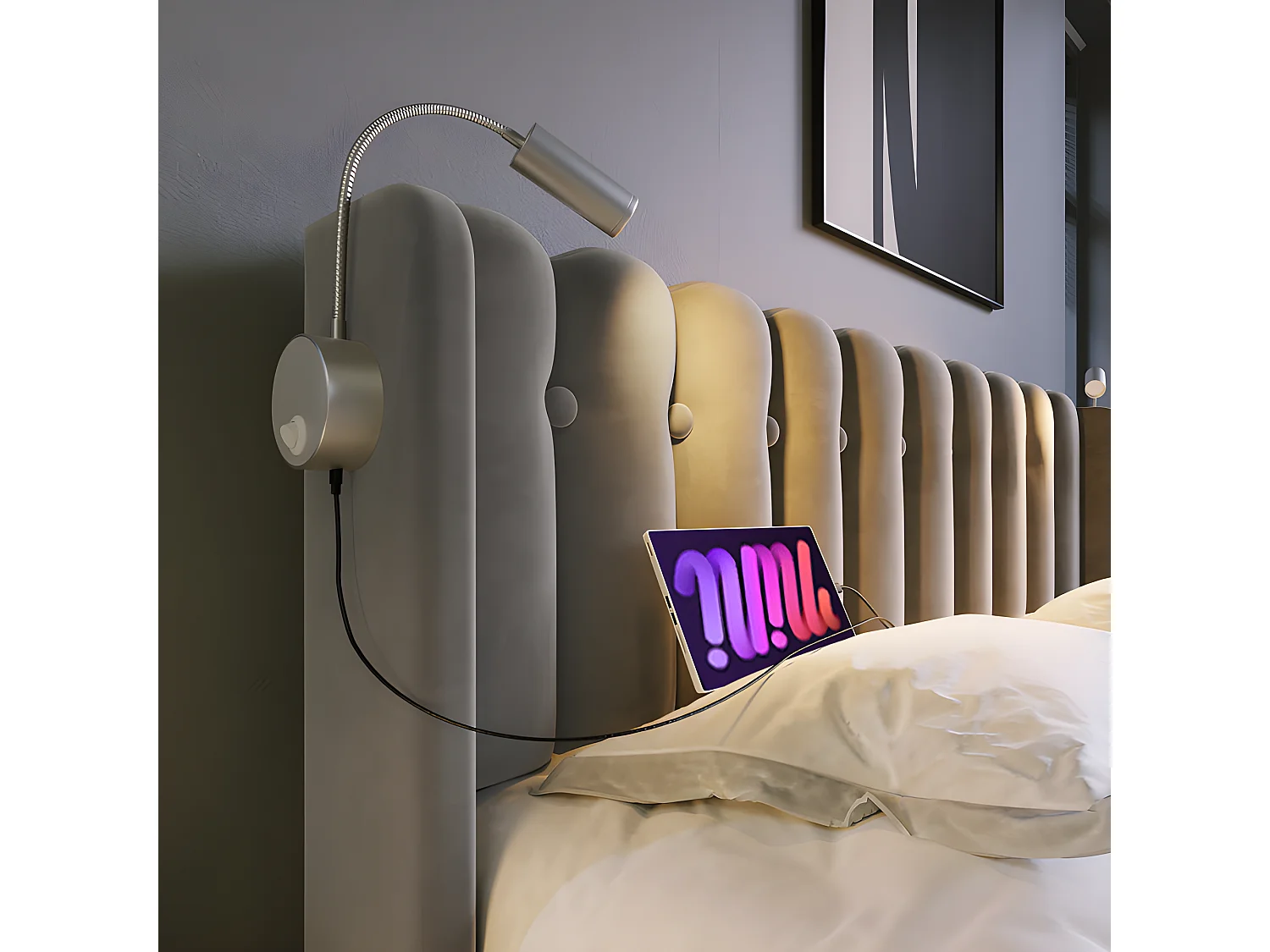 Bed met opbergruimte 90x200cm met LED en USB oplaadpoorten - Stof fluweel - met lattenbodem - Grijs