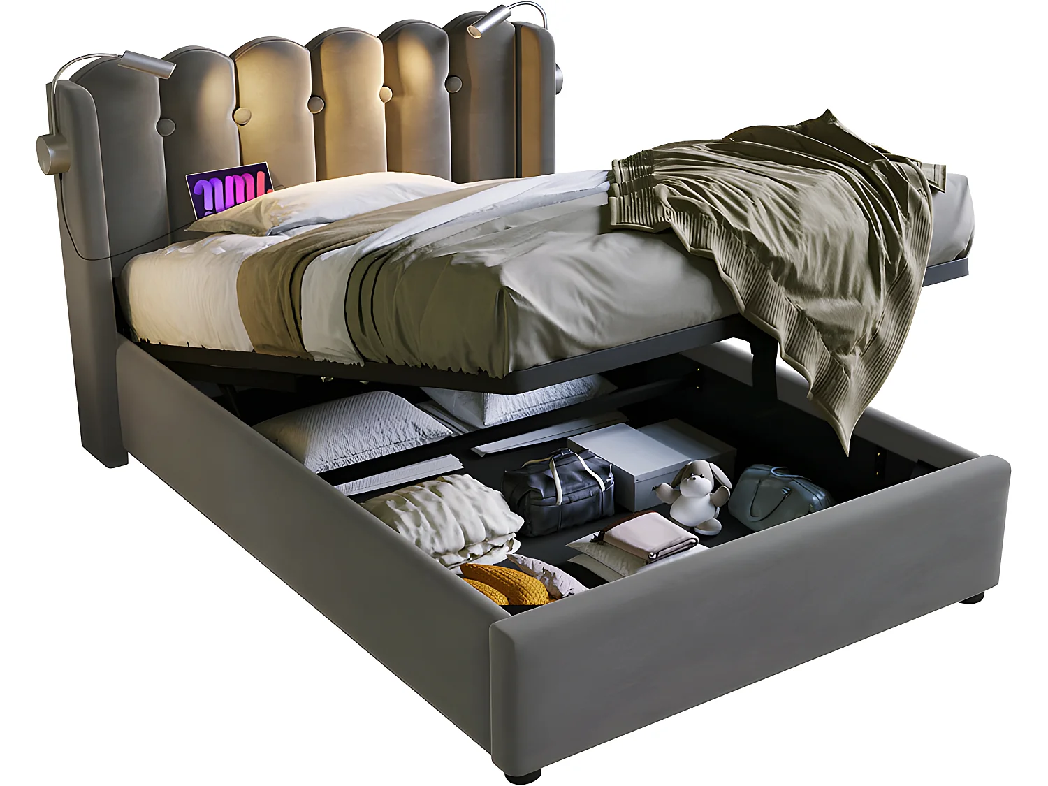 Bed met opbergruimte 90x200cm met LED en USB oplaadpoorten - Stof fluweel - met lattenbodem - Grijs
