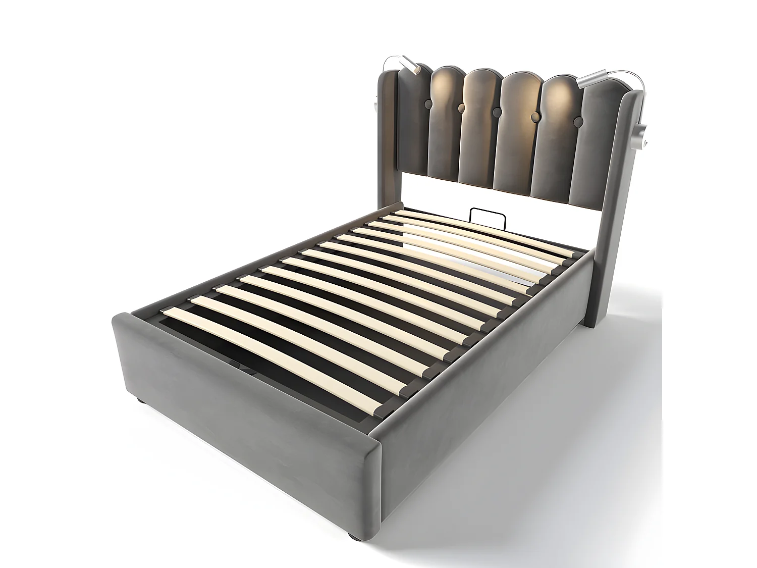 Bed met opbergruimte 90x200cm met LED en USB oplaadpoorten - Stof fluweel - met lattenbodem - Grijs