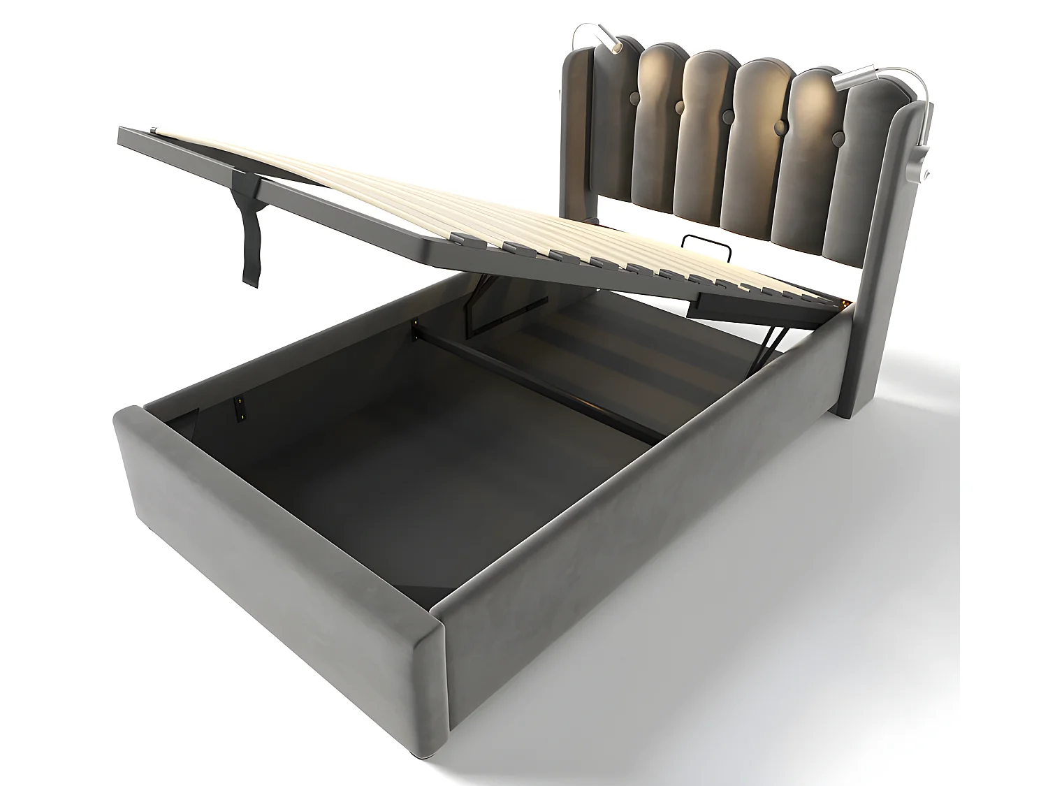 Bed met opbergruimte 90x200cm met LED en USB oplaadpoorten - Stof fluweel - met lattenbodem - Grijs