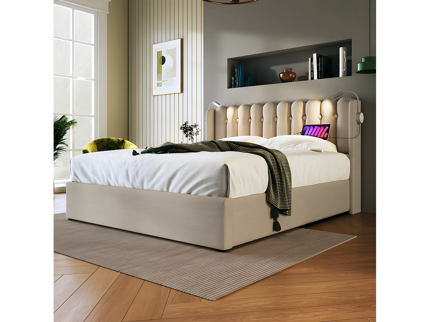 Bed met opbergruimte 160x200cm met LED en USB oplaadpoorten - Linnenstof - met lattenbodem - Beige