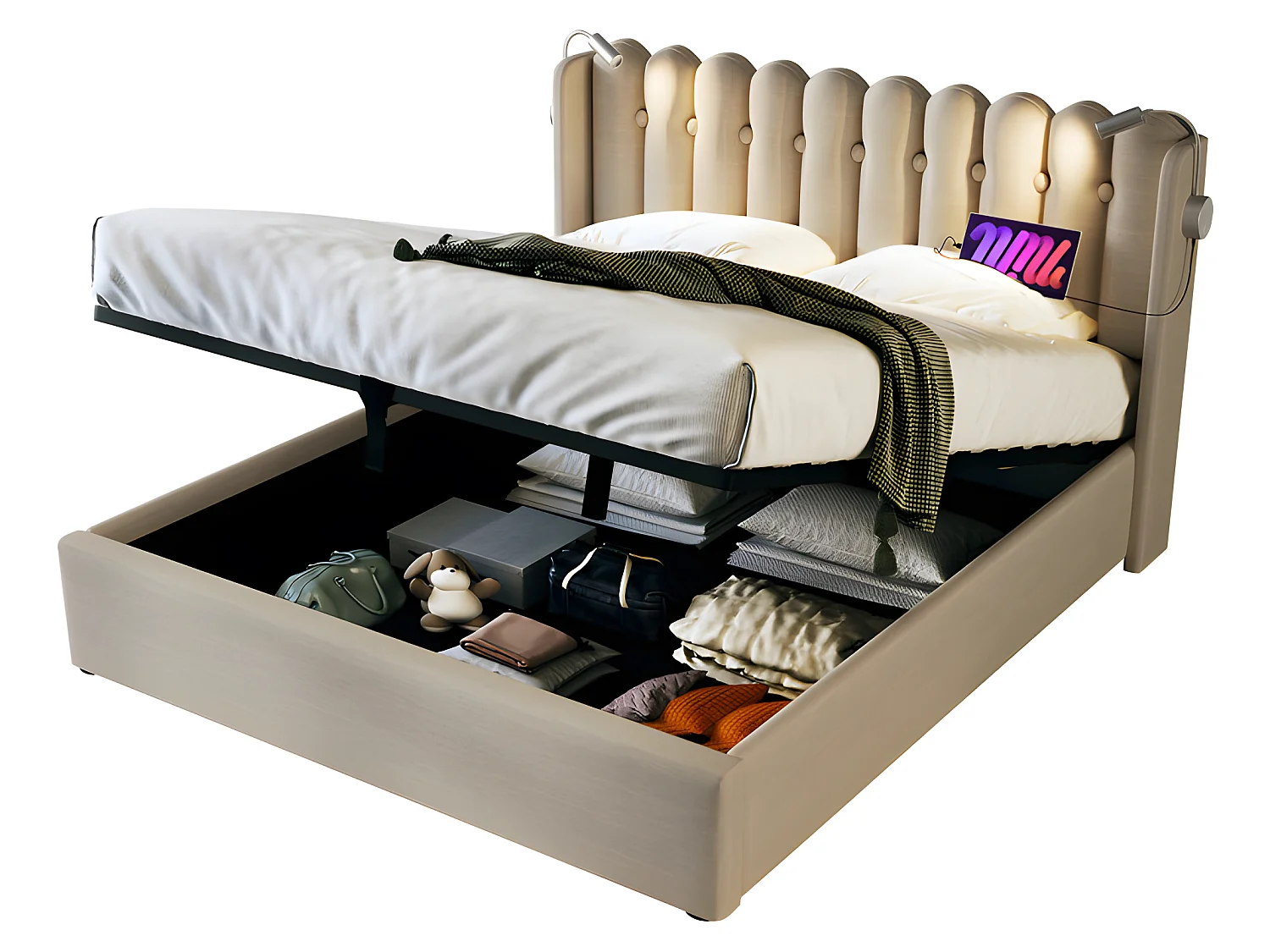 Bed met opbergruimte 160x200cm met LED en USB oplaadpoorten - Linnenstof - met lattenbodem - Beige