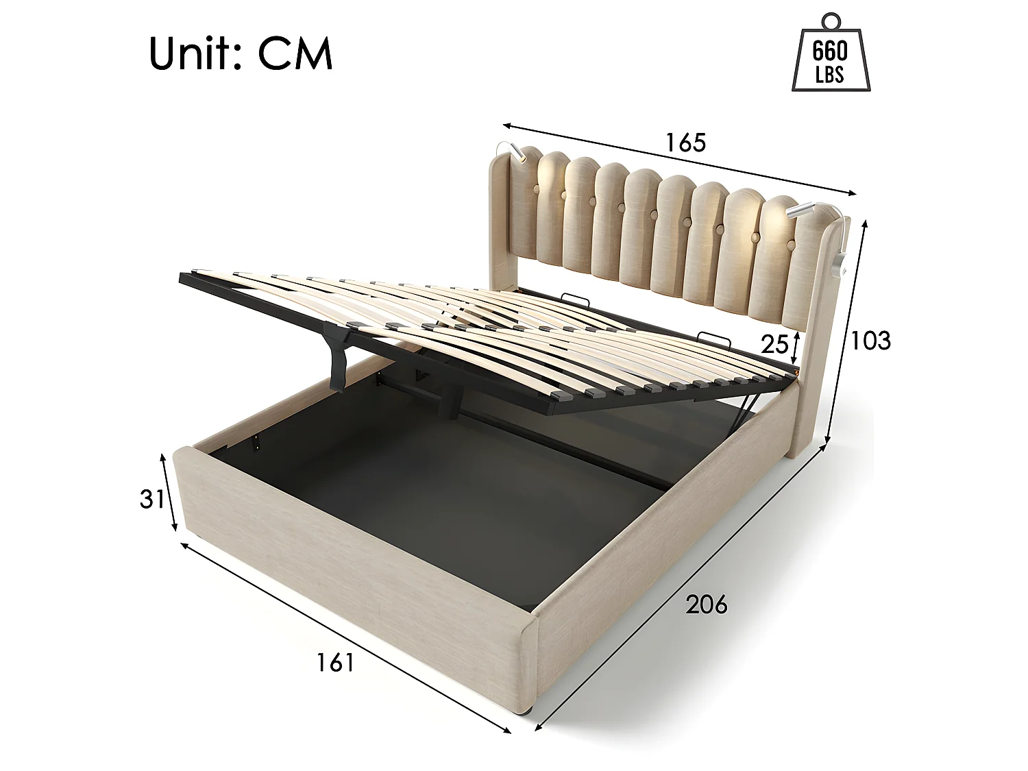 Bed met opbergruimte 160x200cm met LED en USB oplaadpoorten - Linnenstof - met lattenbodem - Beige