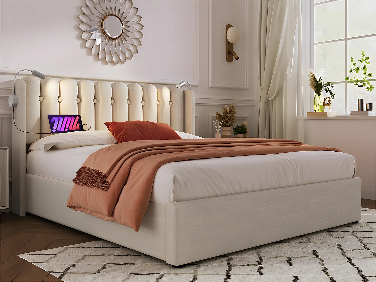 Bed met opbergruimte 160x200cm met LED en USB oplaadpoorten - Linnenstof - met lattenbodem - Beige