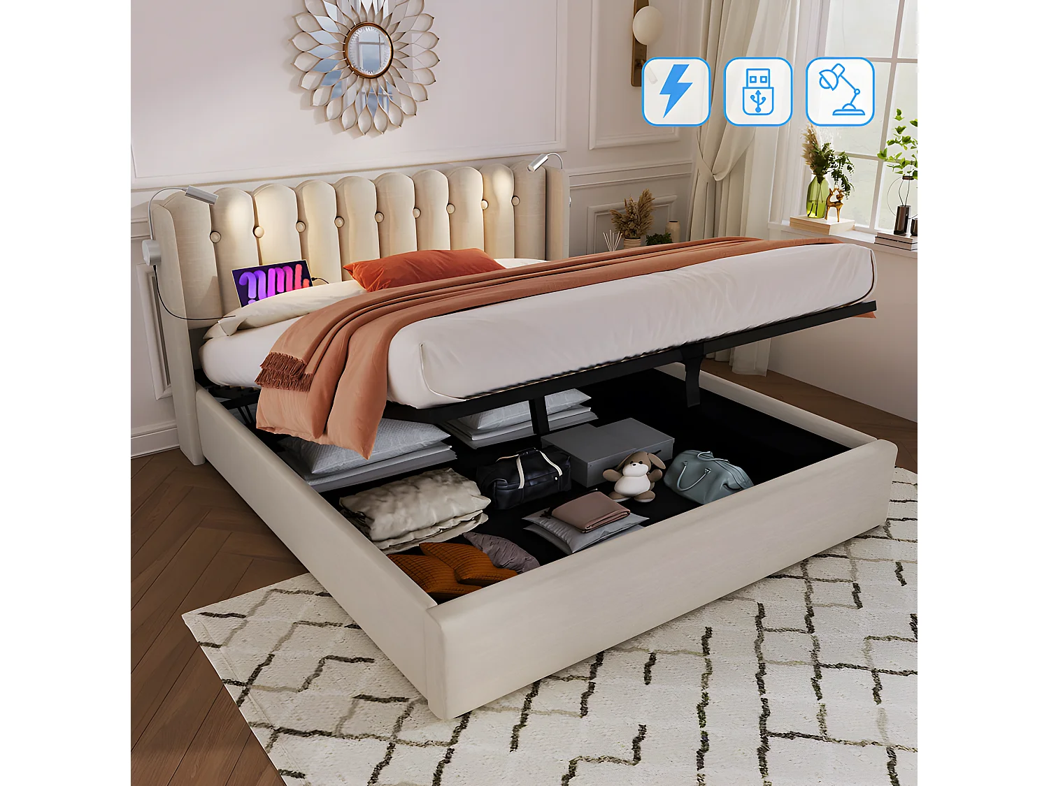 Bed met opbergruimte 160x200cm met LED en USB oplaadpoorten - Linnenstof - met lattenbodem - Beige