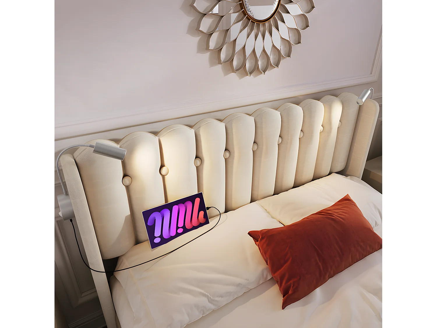 Bed met opbergruimte 160x200cm met LED en USB oplaadpoorten - Linnenstof - met lattenbodem - Beige