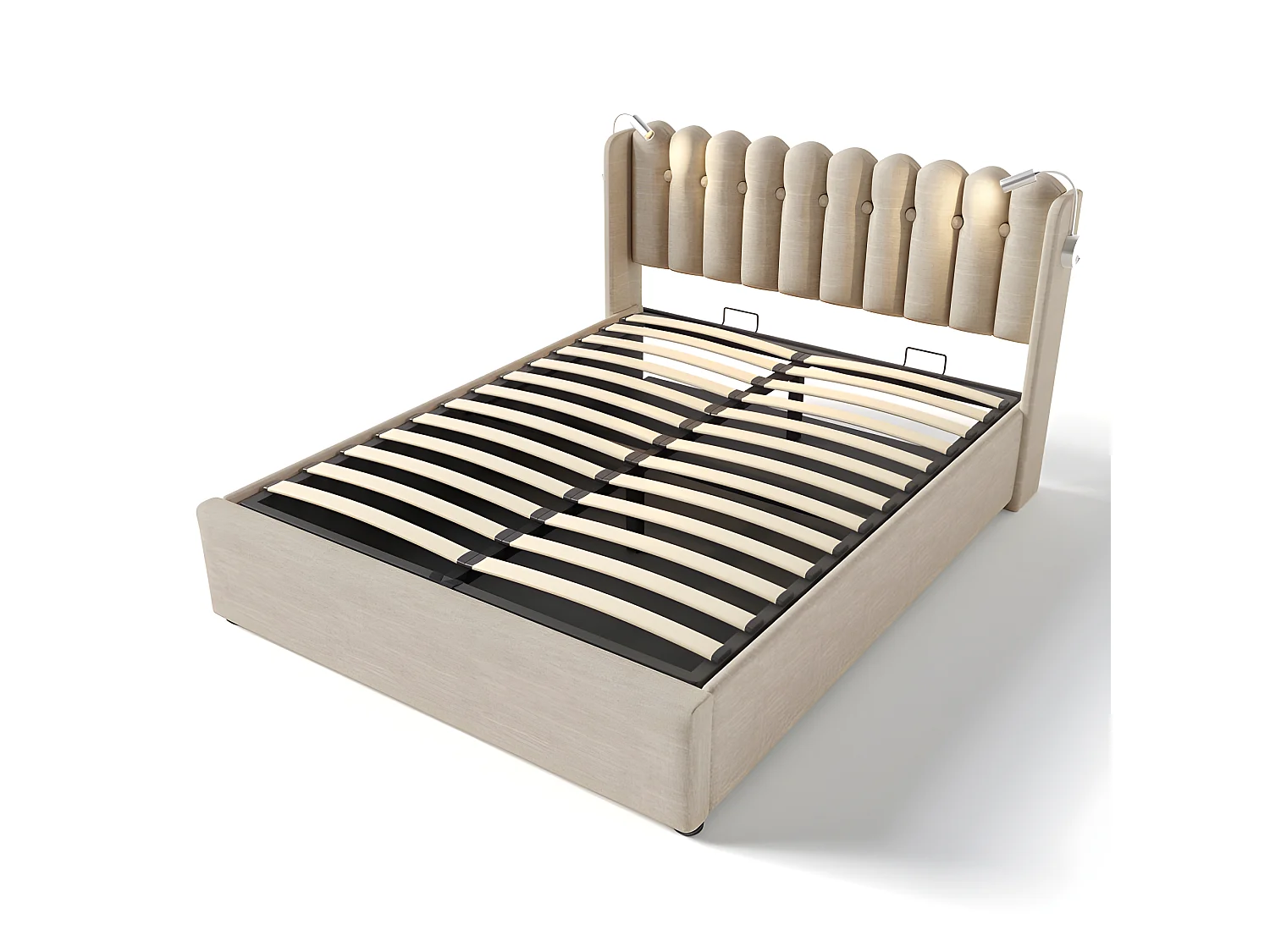 Bed met opbergruimte 160x200cm met LED en USB oplaadpoorten - Linnenstof - met lattenbodem - Beige