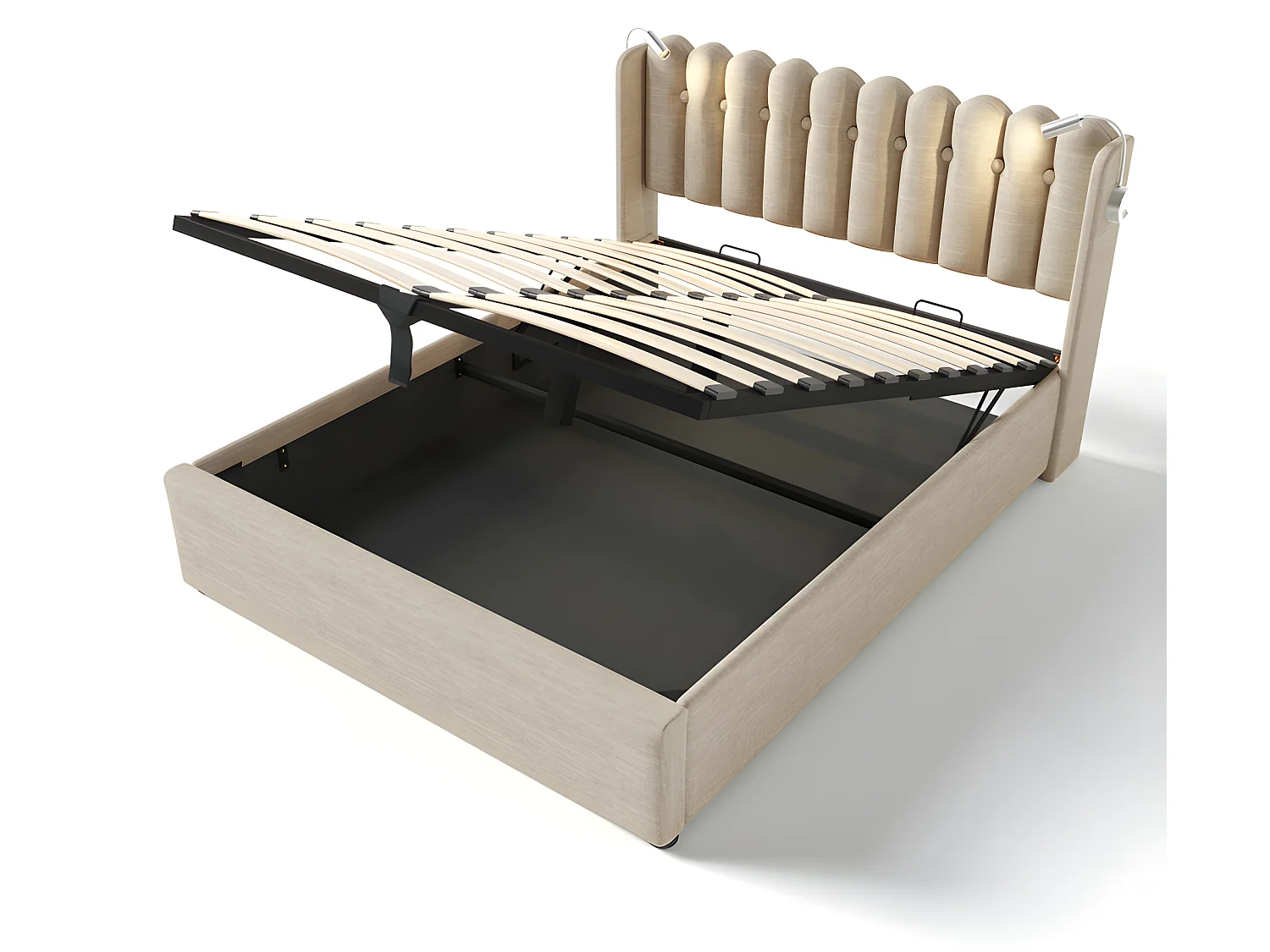 Bed met opbergruimte 160x200cm met LED en USB oplaadpoorten - Linnenstof - met lattenbodem - Beige