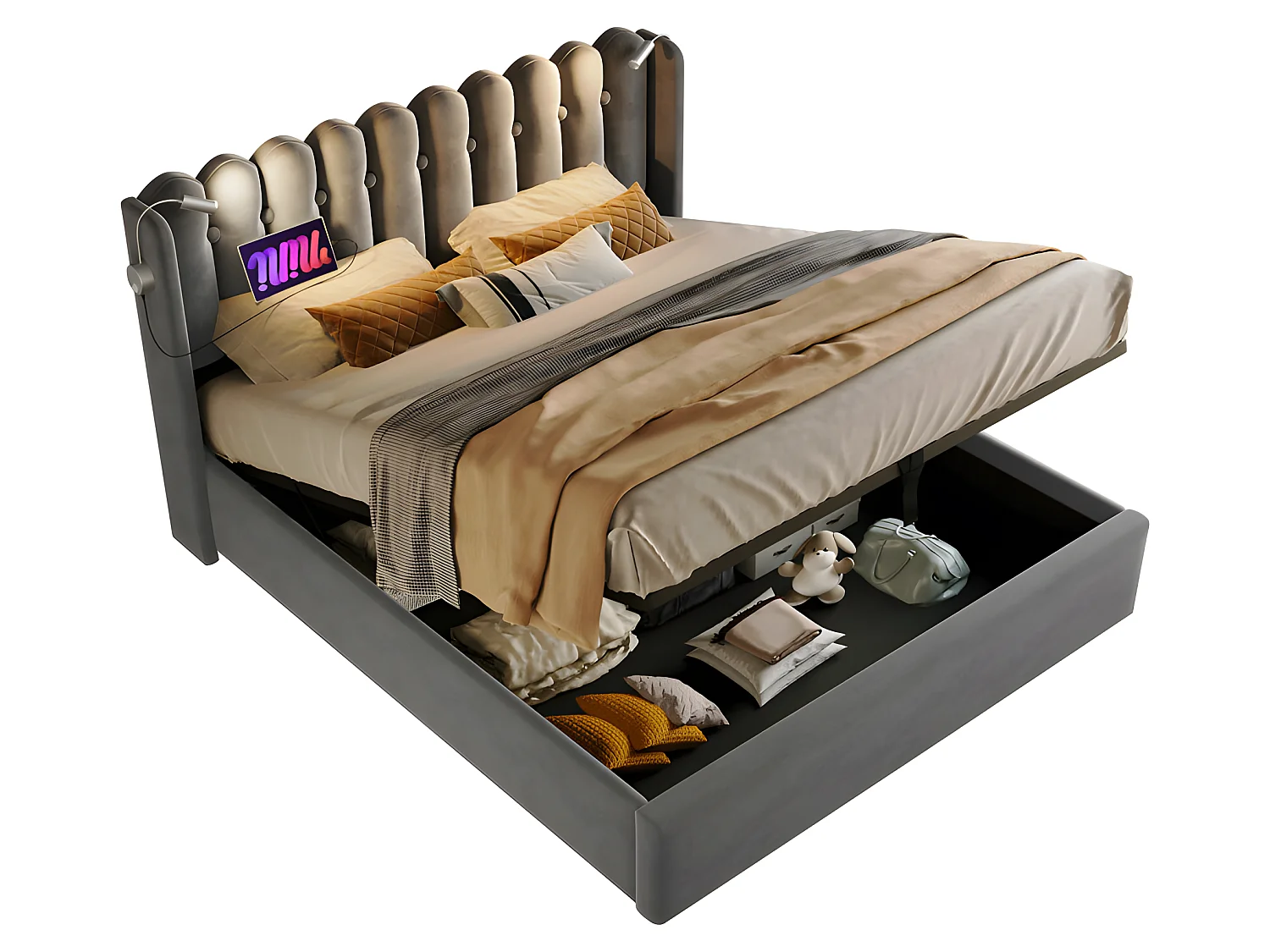 Lit coffre capitonné 160x200cm avec LED et Ports de chargement USB - Tissu en Velours - avec sommier à lattes - Gris