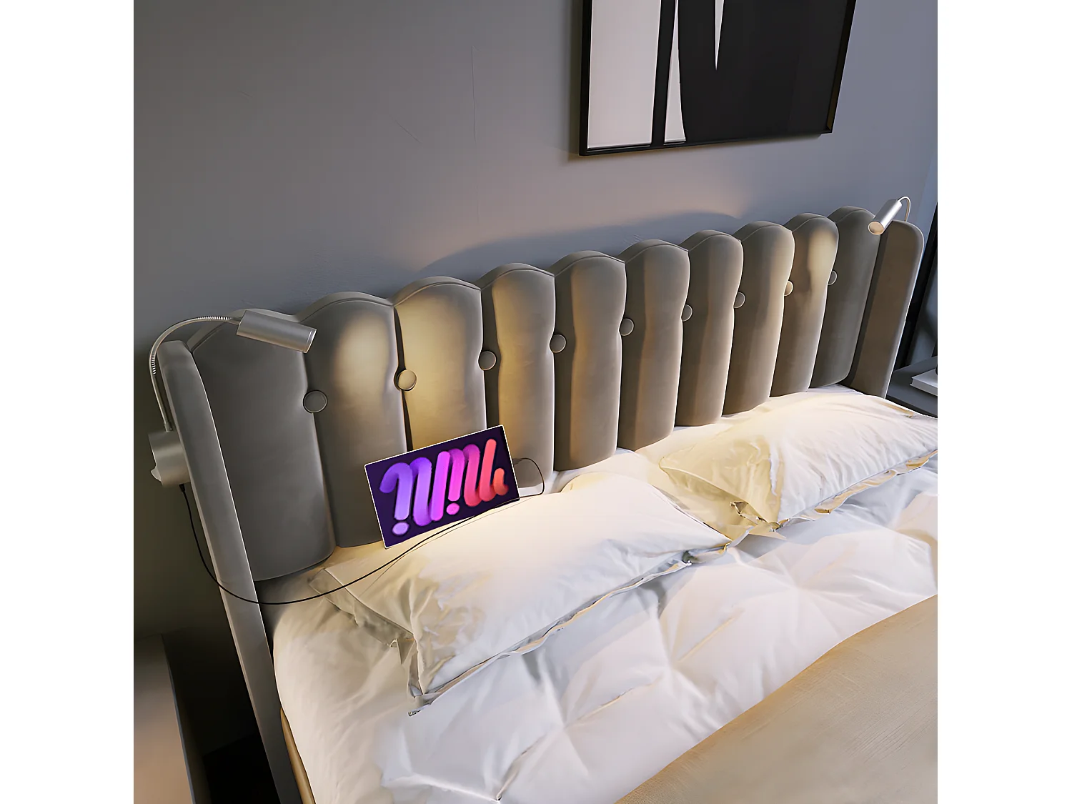 Lit coffre capitonné 160x200cm avec LED et Ports de chargement USB - Tissu en Velours - avec sommier à lattes - Gris