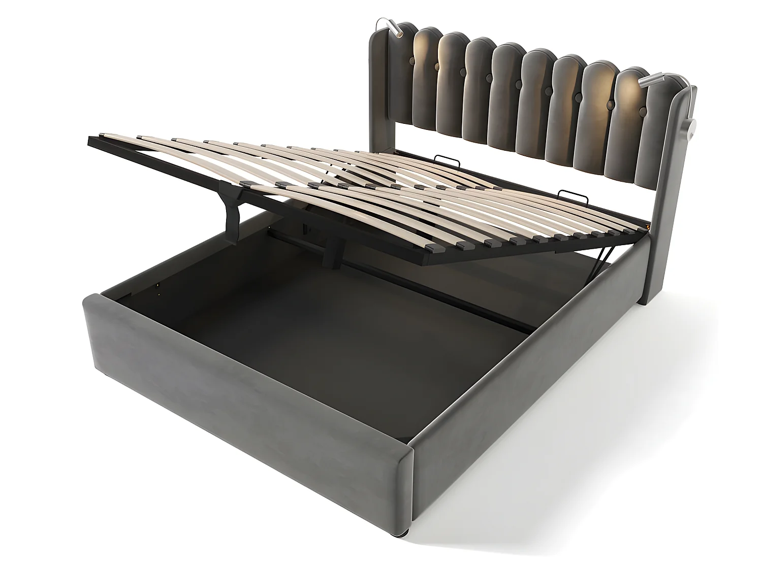 Lit coffre capitonné 160x200cm avec LED et Ports de chargement USB - Tissu en Velours - avec sommier à lattes - Gris
