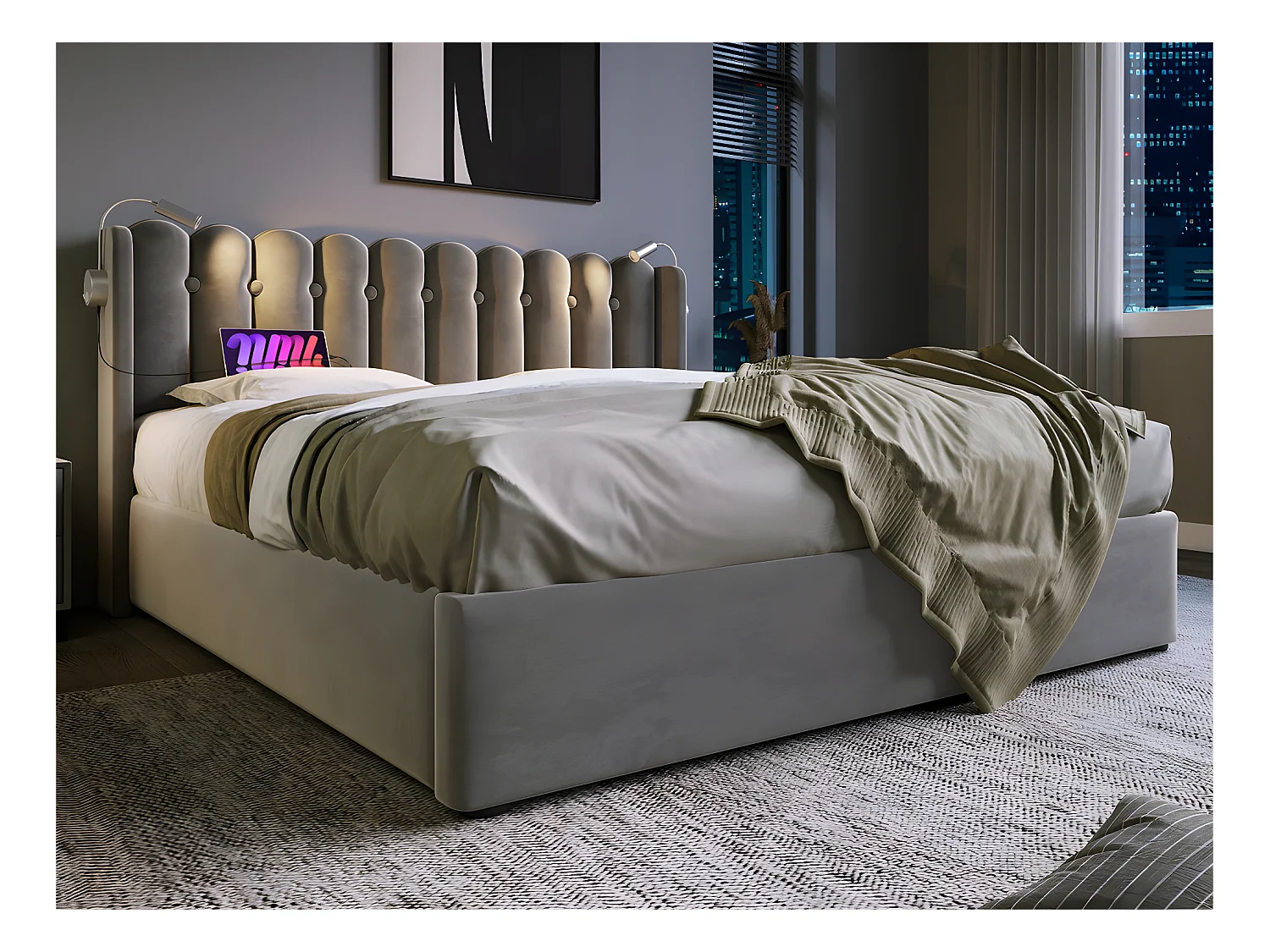 Lit coffre capitonné 160x200cm avec LED et Ports de chargement USB - Tissu en Velours - avec sommier à lattes - Gris