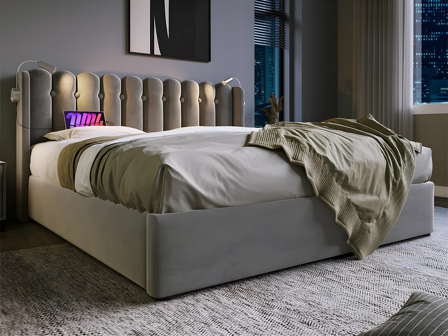 Lit coffre capitonné 160x200cm avec LED et Ports de chargement USB - Tissu en Velours - avec sommier à lattes - Gris