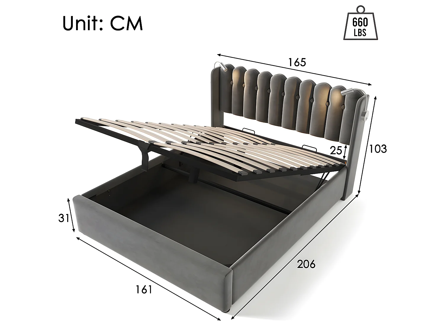 Lit coffre capitonné 160x200cm avec LED et Ports de chargement USB - Tissu en Velours - avec sommier à lattes - Gris