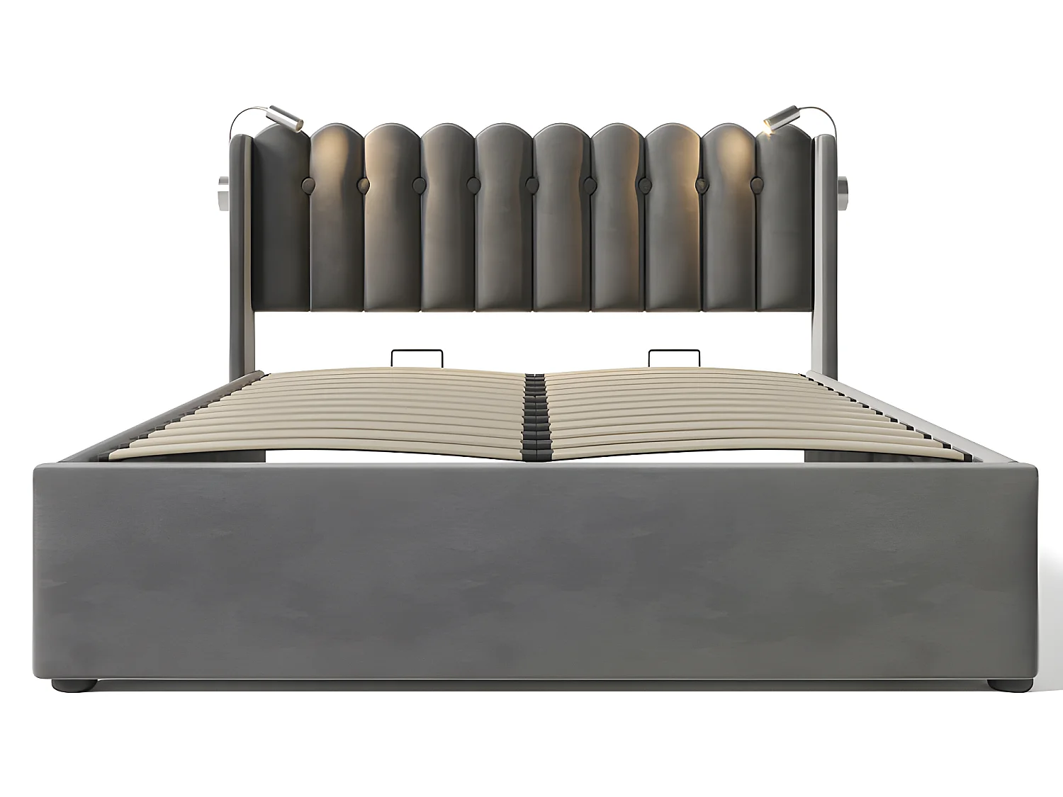 Lit coffre capitonné 160x200cm avec LED et Ports de chargement USB - Tissu en Velours - avec sommier à lattes - Gris