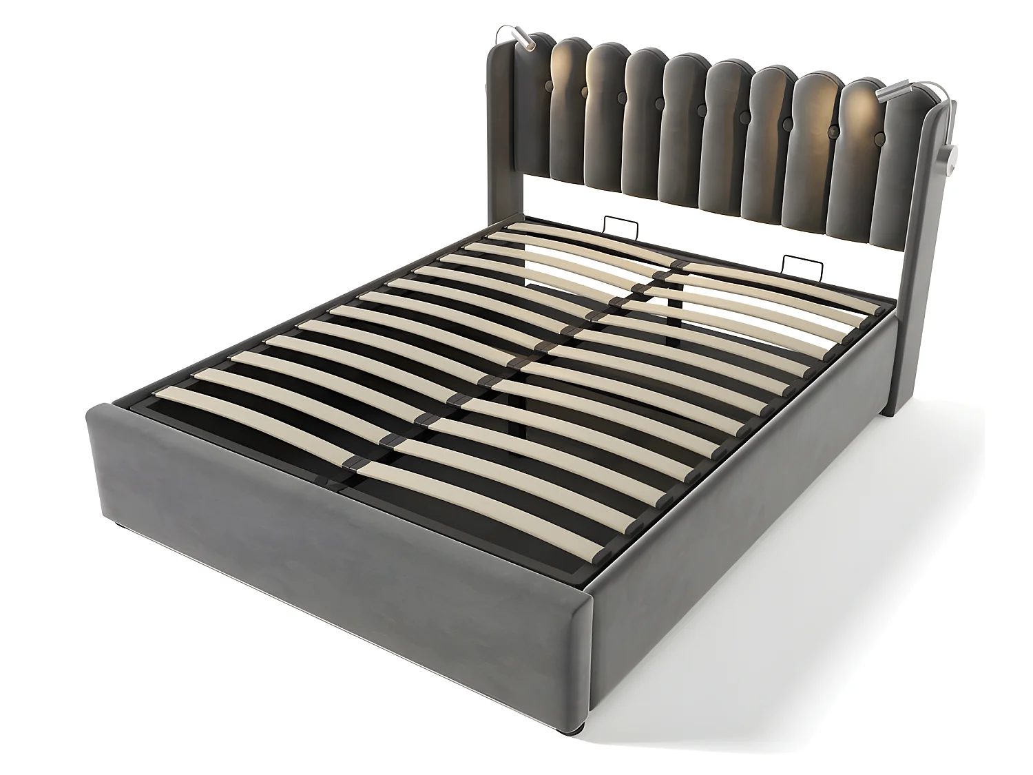 Lit coffre capitonné 160x200cm avec LED et Ports de chargement USB - Tissu en Velours - avec sommier à lattes - Gris